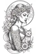freya goddess bust with daisies full moon and kitten boar ears  tattoo design idea