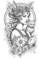 freya goddess bust with small cat full moon daisies  tattoo design idea