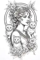 freya goddess bust with small cat full moon daisies  tattoo design idea