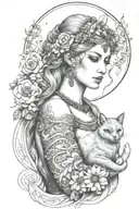freya goddess bust with daisies full moon and kitten boar ears  tattoo design idea