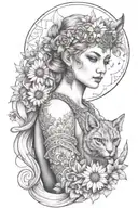 freya goddess bust with daisies full moon and kitten boar ears  tattoo design idea