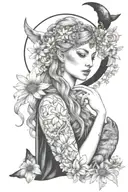freya goddess bust with daisies full moon and kitten  tattoo design idea
