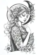freya goddess bust with daisies full moon and kitten  tattoo design idea