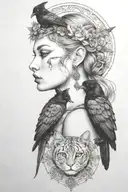 Freya with raven and tabby cats   tattoo design idea