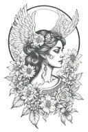 full moon freya bust goddess with daisies and angel wings on shoulder  tattoo design idea