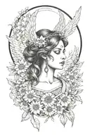 full moon freya bust goddess with daisies and angel wings on shoulder  tattoo design idea