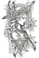 freya goddess bust full moon feathers hanging with rune  tattoo design idea
