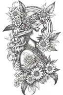 freya goddess bust full moon feathers with floating daisies  tattoo design idea