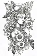freya goddess bust full moon feathers with floating daisies  tattoo design idea