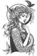 freya goddess with daisies moon and cat curled tattoo design idea