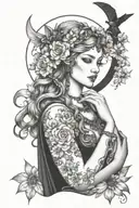 freya goddess with daisies moon and cat curled tattoo design idea