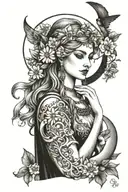 freya goddess with daisies and moon  tattoo design idea