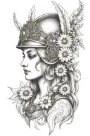 freya goddess bust wearing feather helmet full moon and floating daisies  tattoo design idea
