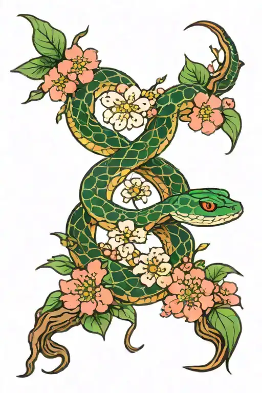 emerald snake cherry blossoms color tattoo tattoo design idea