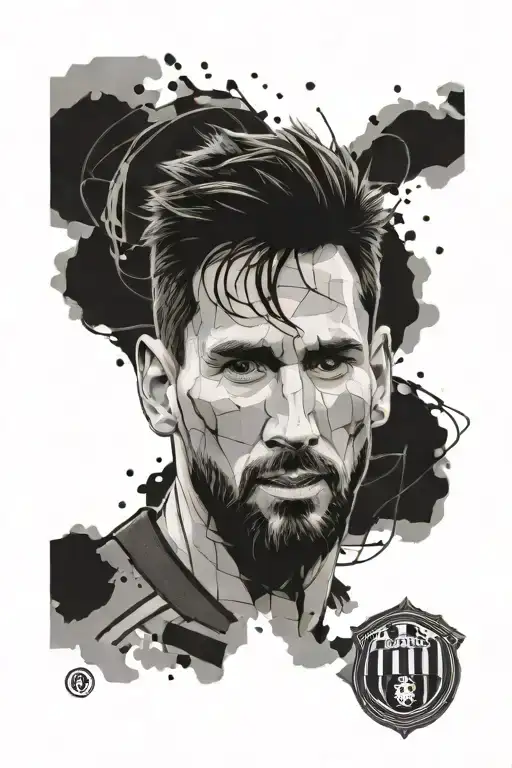A surreal fusion of Messi's face with elements of the FC Barcelona crest tattoo design idea