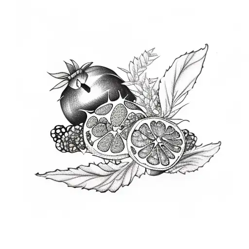open pomegranate, blackberry, peeled clementime, leaves tattoo design idea