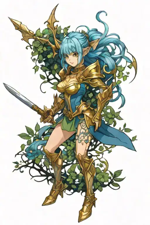 female forest elf, blue hair, gold armor, sexy battle staff  tattoo design idea