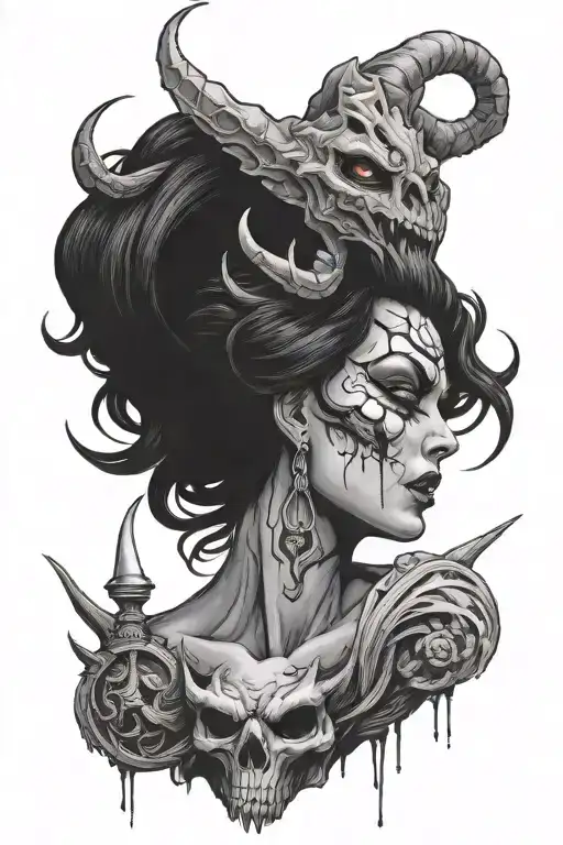 Woman snorrt cocaine demon come Out of head   tattoo design idea