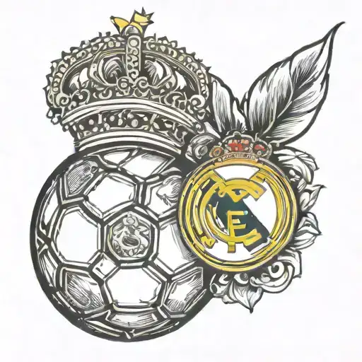 a black and white tattoo; a soccer ball with a simple real madrid logo inside its white area.  tattoo design idea