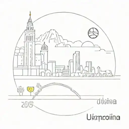 Incorporate the skyline of a Ukrainian city with a football field in a minimalist style tattoo design idea