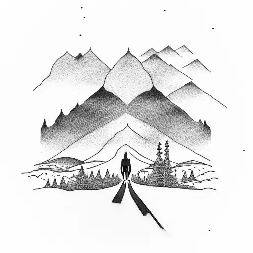 A dotwork tattoo of a lone cyclist on a road leading towards a mountain peak, representing the journey through life and the solitude that comes with it. tattoo design idea