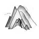 A dotwork tattoo of a lone cyclist on a road leading towards a mountain peak, representing the journey through life and the solitude that comes with it. tattoo design idea