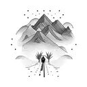 A dotwork tattoo of a lone cyclist on a road leading towards a mountain peak, representing the journey through life and the solitude that comes with it. tattoo design idea