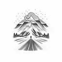A dotwork tattoo of a lone cyclist on a road leading towards a mountain peak, representing the journey through life and the solitude that comes with it. tattoo design idea