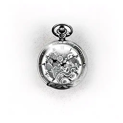 A broken withered pocket watch that is covered in plants from lack of care over many years tattoo design idea