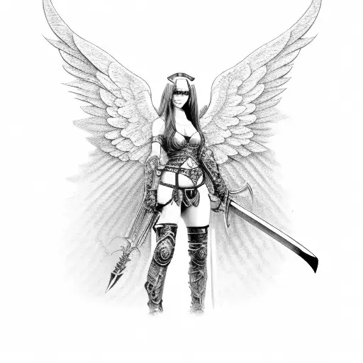 A badass angel warrior with a sword, battling a seductive succubus in a cyberpunk setting tattoo design idea