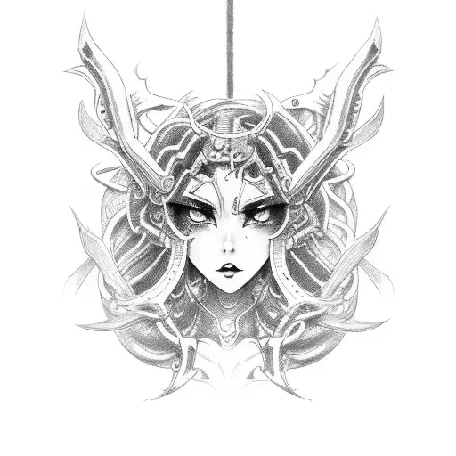 Succubus with cybernetic enhancements in a traditional Japanese setting tattoo design idea