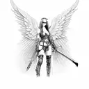 A badass angel warrior with a sword, battling a seductive succubus in a cyberpunk setting tattoo design idea