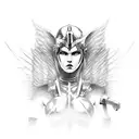 A badass angel warrior with a sword, battling a seductive succubus in a cyberpunk setting tattoo design idea