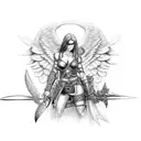 A badass angel warrior with a sword, battling a seductive succubus in a cyberpunk setting tattoo design idea