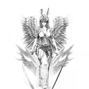A badass angel warrior with a sword, battling a seductive succubus in a cyberpunk setting tattoo design idea