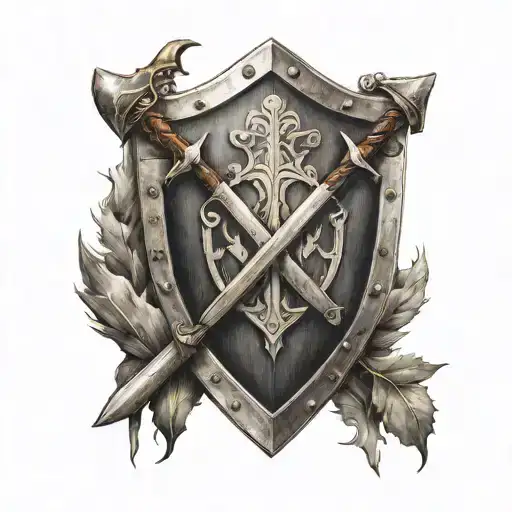 shield with axe and spear crossed over each other tattoo design idea