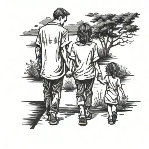 a child with parents holding hands and walking tattoo design idea