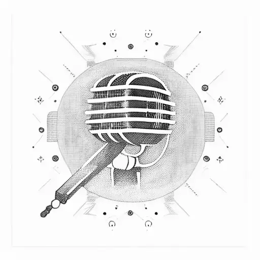 A microphone and sword overlapping in an X shape, both engulfed in flame tattoo design idea