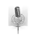 A microphone and sword overlapping in an X shape, both engulfed in flame tattoo design idea