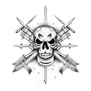 A microphone and sword overlapping in a crossbones shape, both engulfed in flame tattoo design idea