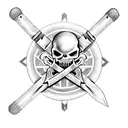 A microphone and sword overlapping in a crossbones shape, both engulfed in flame tattoo design idea