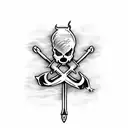 A microphone and sword overlapping in a crossbones shape, both engulfed in flame tattoo design idea