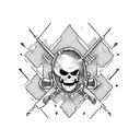 A microphone and sword overlapping in a crossbones shape, both engulfed in flame tattoo design idea
