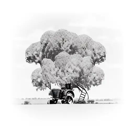 A country landscape with a majestic eucalyptus tree in the foreground. and a tractor working the land in the background tattoo design idea