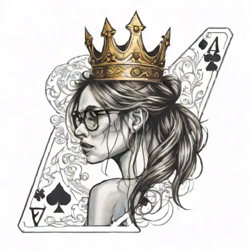 skinny girl in profile, very long aquiline nose, glasses, long straight brown hair, ace of spades card, crown tattoo design idea