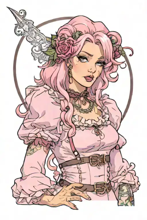 Sissy slave, pink outfit, long pink hair, brown eyes, soft face, crossdresser, femboy tattoo design idea