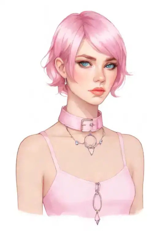 sissy slave pink leather collar-with-chain-leash pixie-cut brown hair blue eyes flat chest tattoo design idea