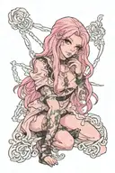Sissy slave, pink outfit, long pink hair, brown eyes, soft face, crossdresser, femboy tattoo design idea