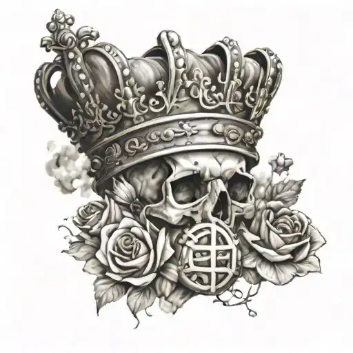 a heart full of flowers and a crown and cookies and a hat and all around filled with clouds without skulls tattoo design idea