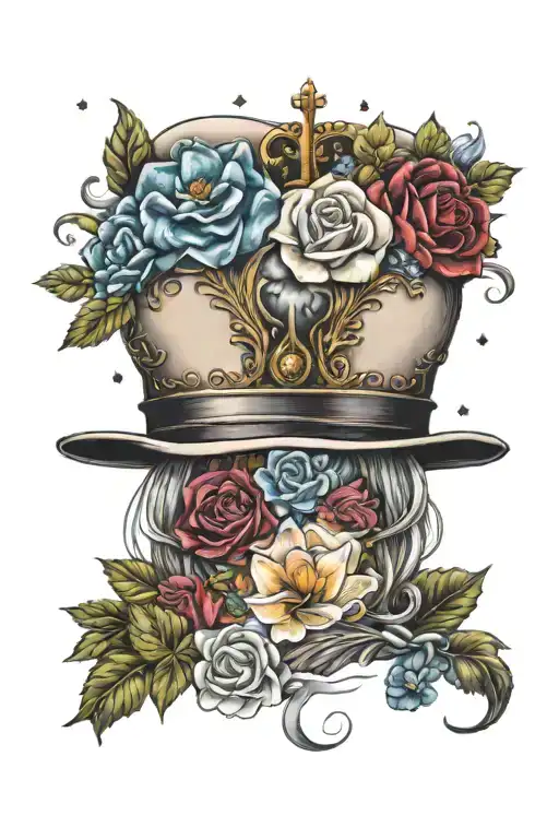 heart full of flowers, crown, cookie, a hat and clouds around tattoo design idea